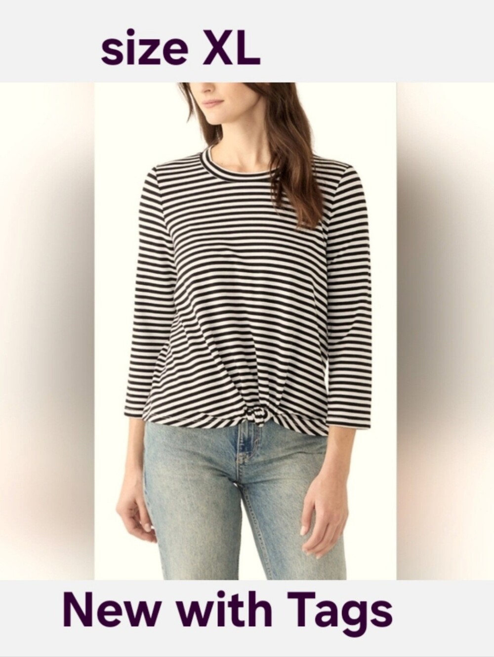 Wonderly Knot Front Striped Blouse White & True Black Women's size XL Shirt New